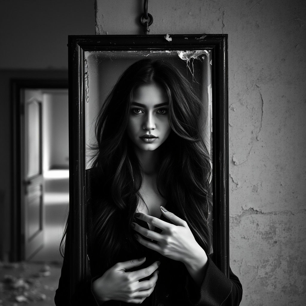 Monochrome Portrait: Woman in Ruined Manor