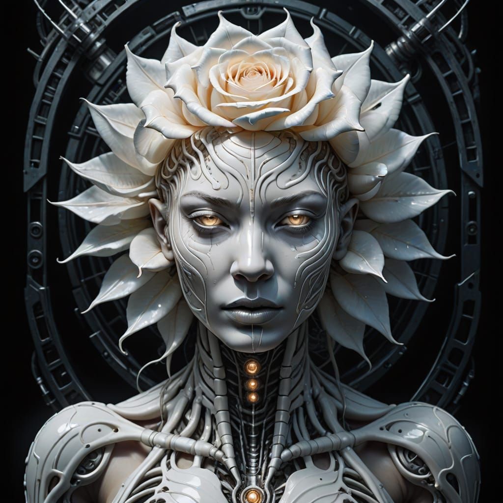 Ethereal Biomechanical Rose in Dark Futuristic Style