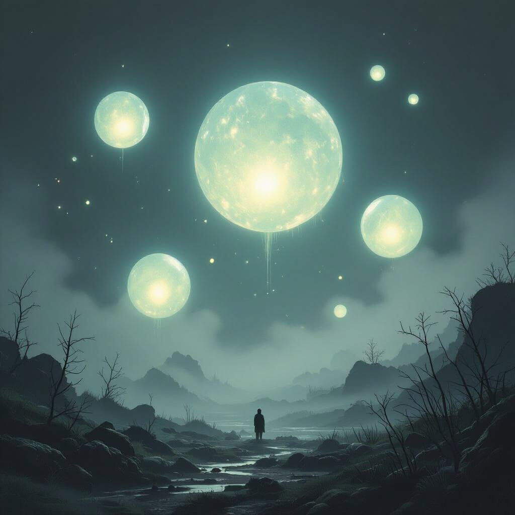 Mysterious Glowing Orbs in Misty Dark Atmosphere