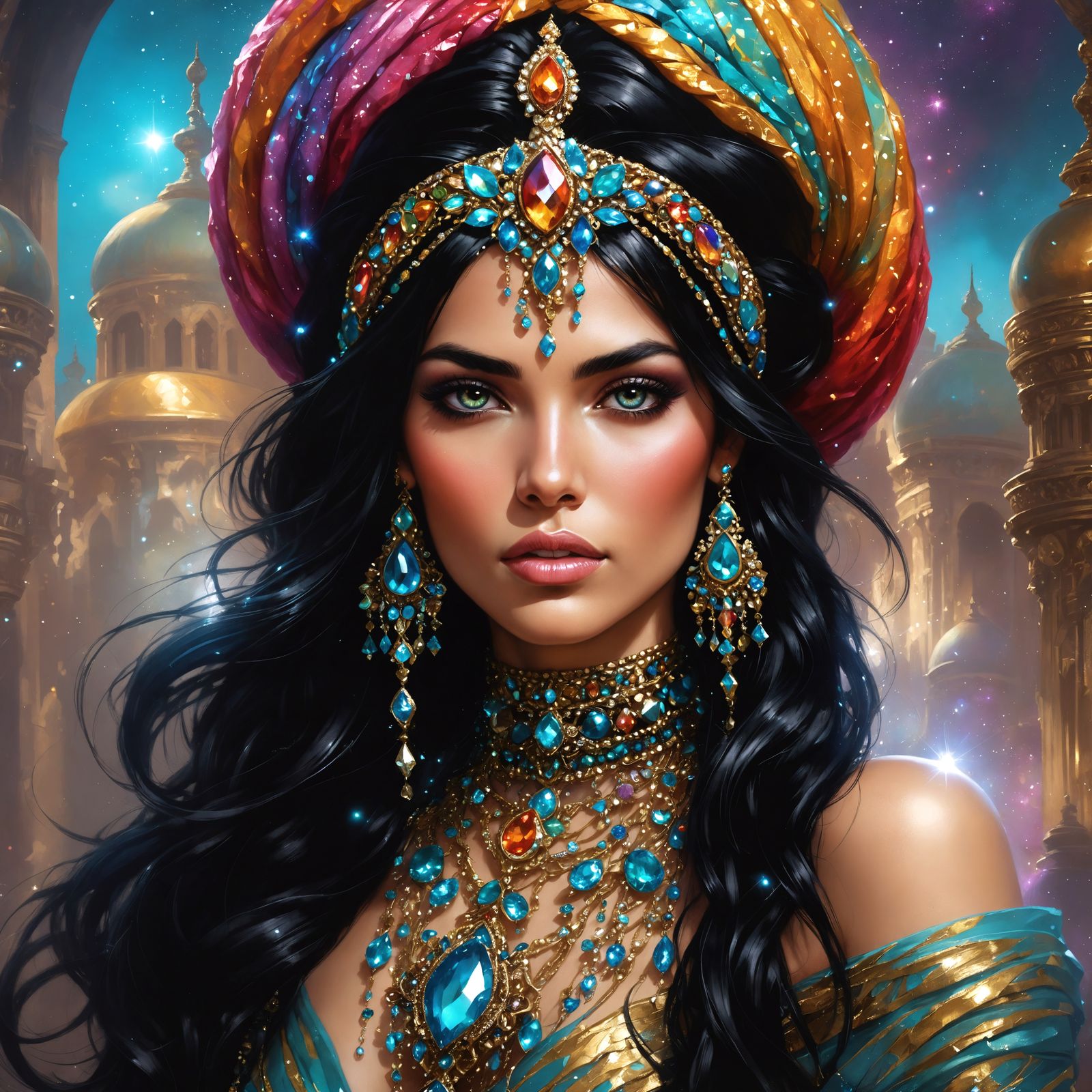 Bejeweled Black-Haired Genie in Metallic Colors