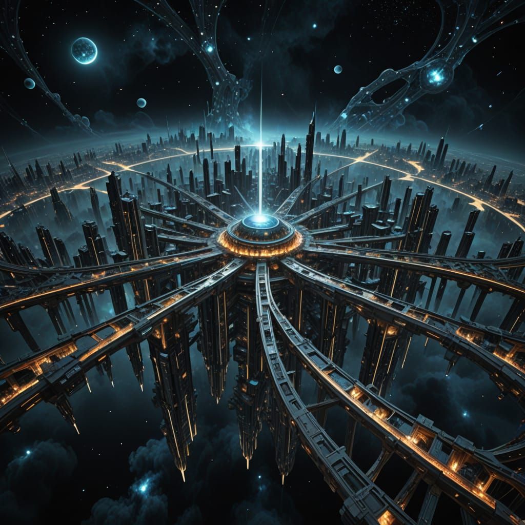 Futuristic Megastructures Amidst Celestial Nebulas