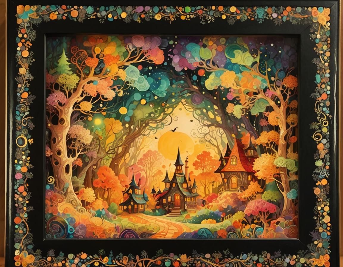 Whimsical Witch House in Fantasy Forest, Watercolor Gouache