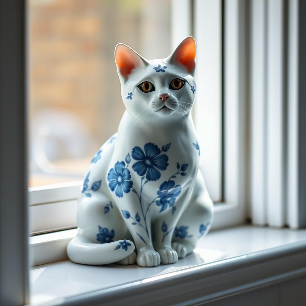 Blue China Cat Figurine Portrait