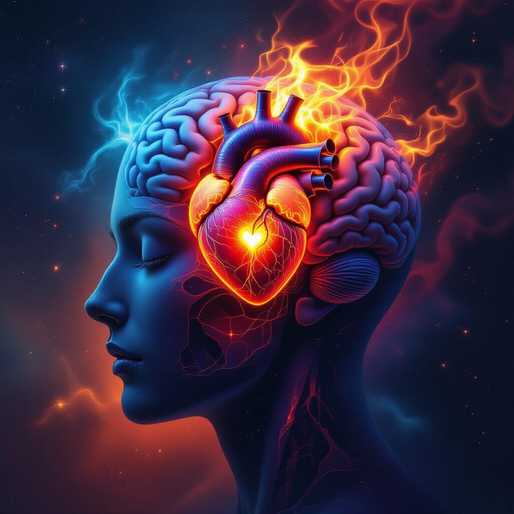Surreal Human Face of Heart and Brain in Cosmic Style