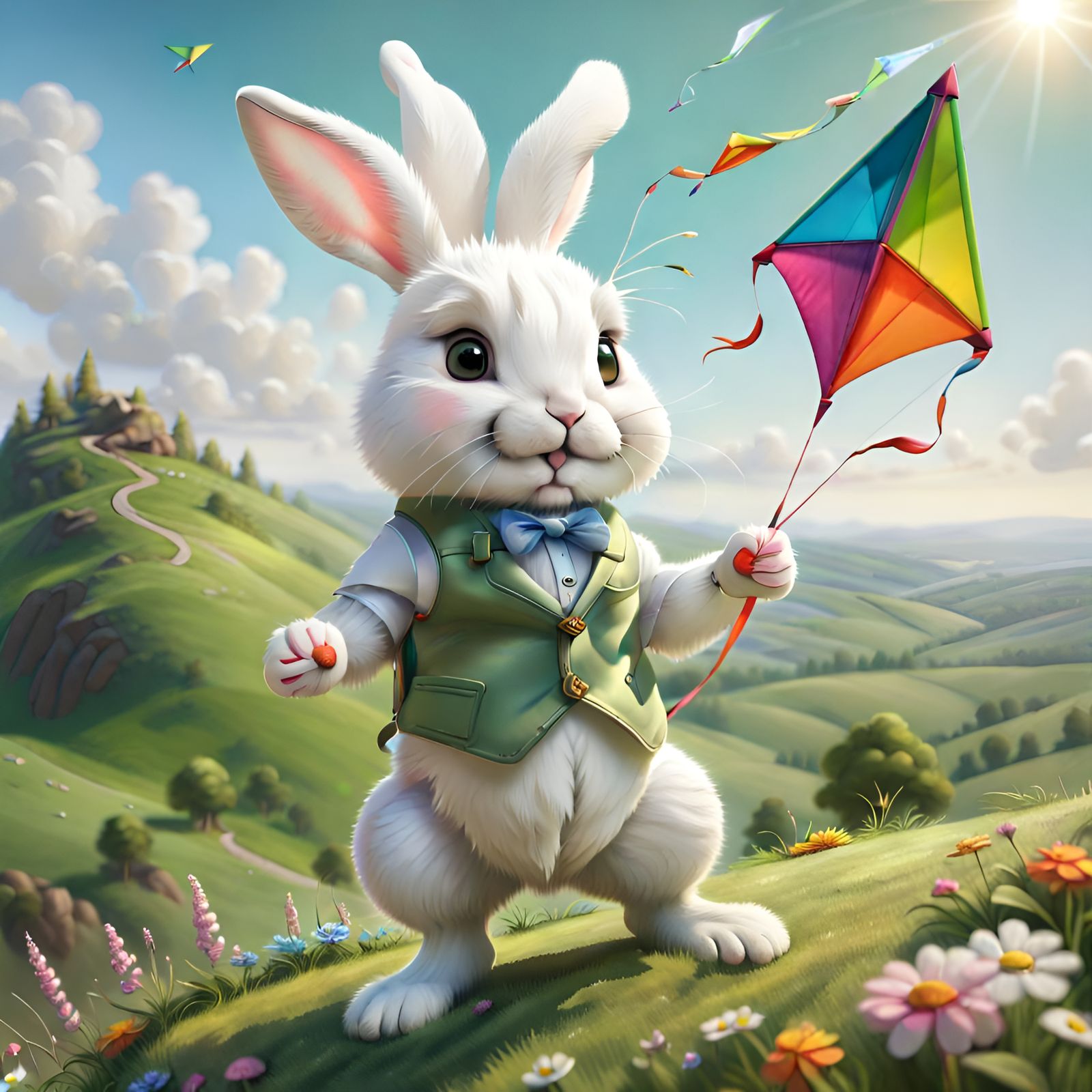 Cute Rabbit Holding Kite on Flowery Hilltop
