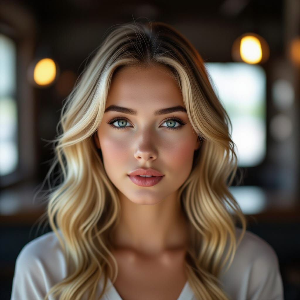 Stunning Blonde Woman with Bright Blue Eyes in Cinematic Lig...