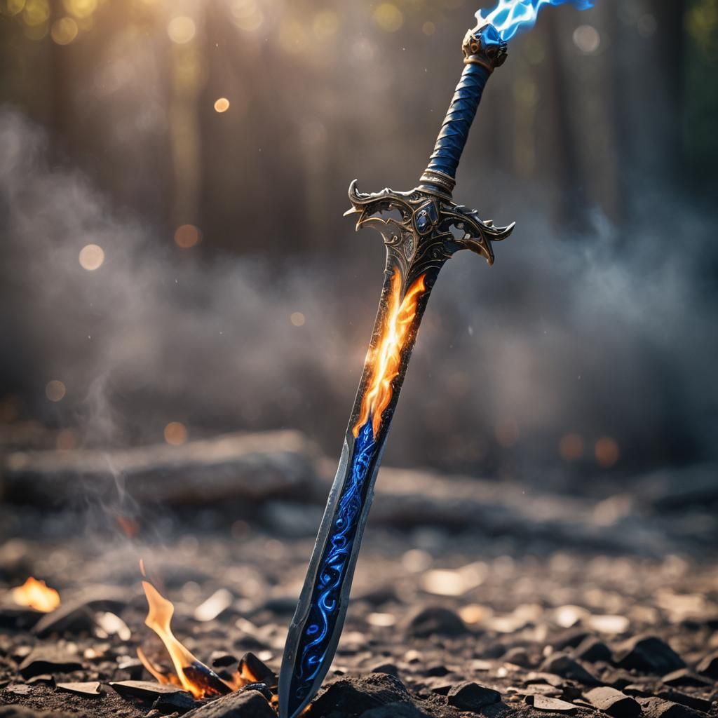 Sword Ablaze with Blue Flames in Macro Photography