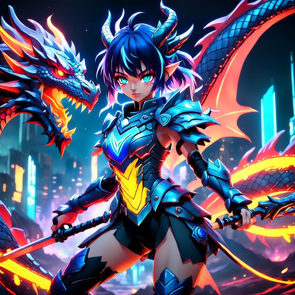 Anime Warrior Girl and Dragon in Neon