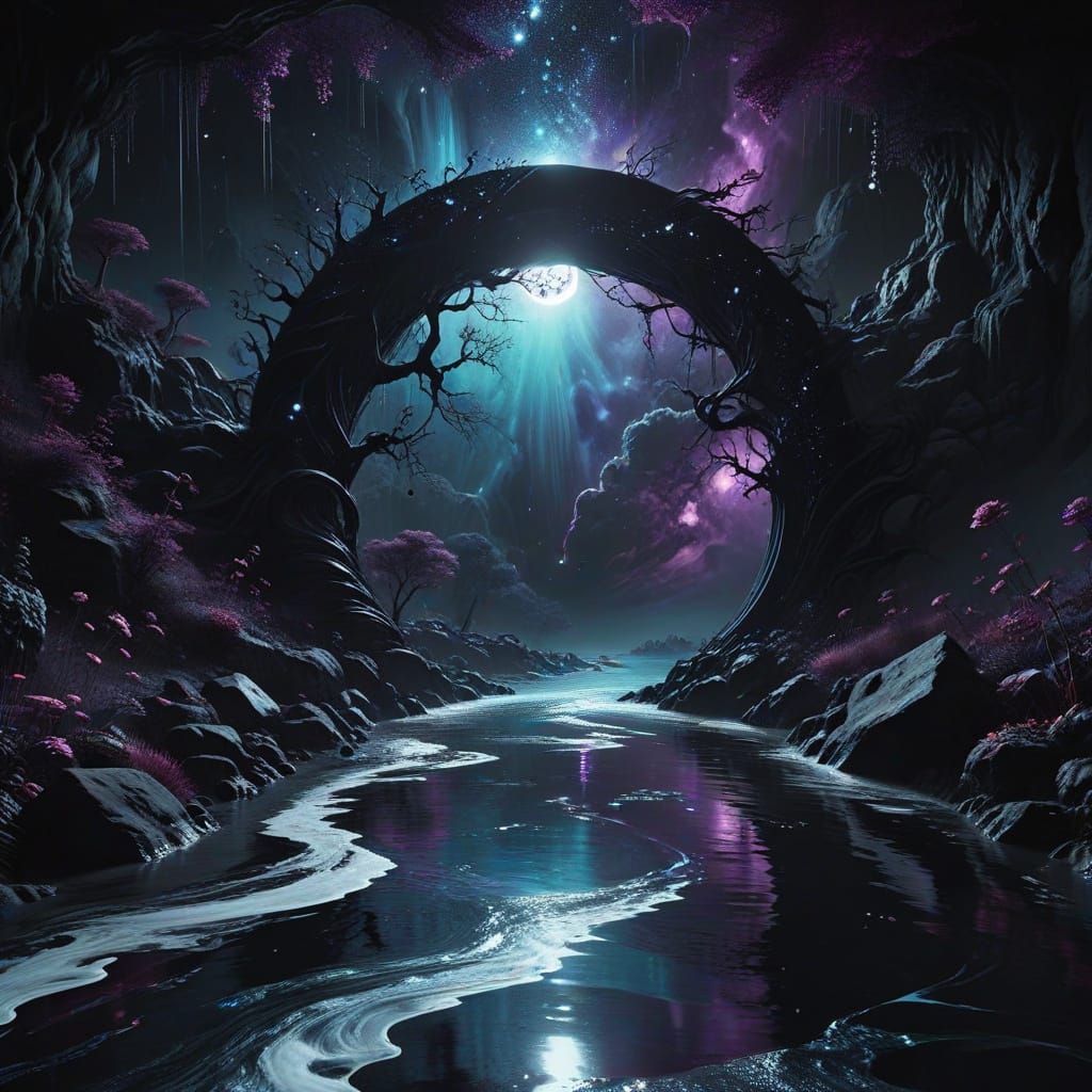 Mystical River Flows to Portal Under Black Sun