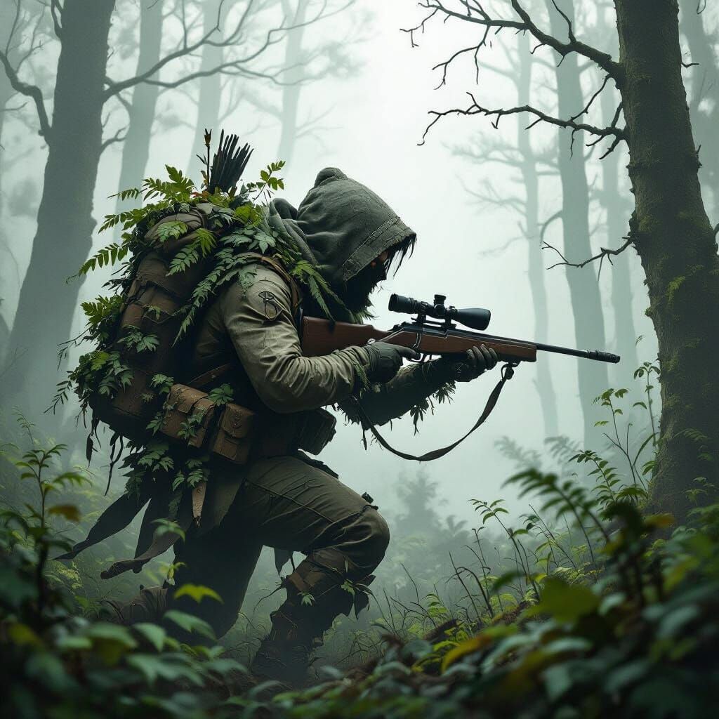 Camouflaged Hunter Stalks Prey in Forest