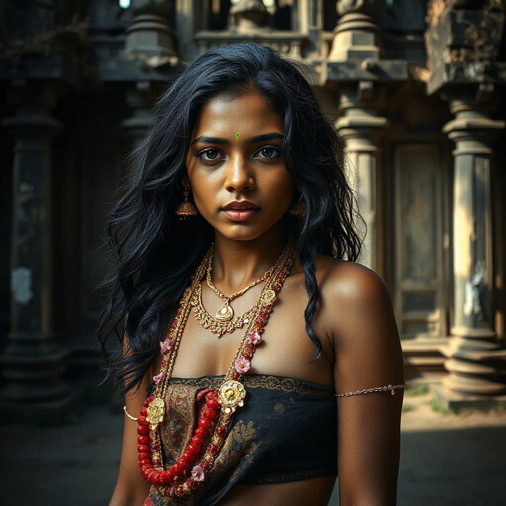 Serene Sri Lankan Woman in Ancient Temple