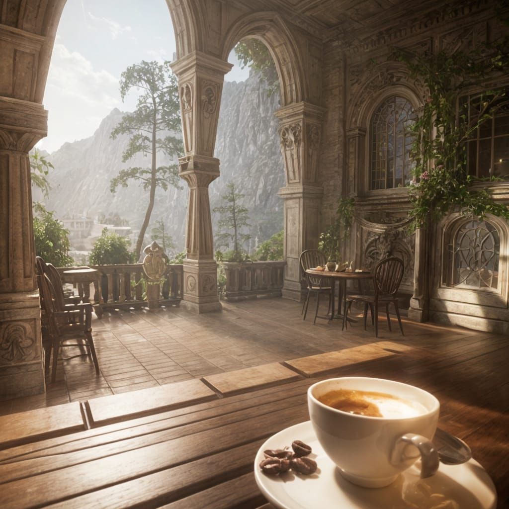 Rainy Balcony Coffee Shop in 3D Cinematic Style