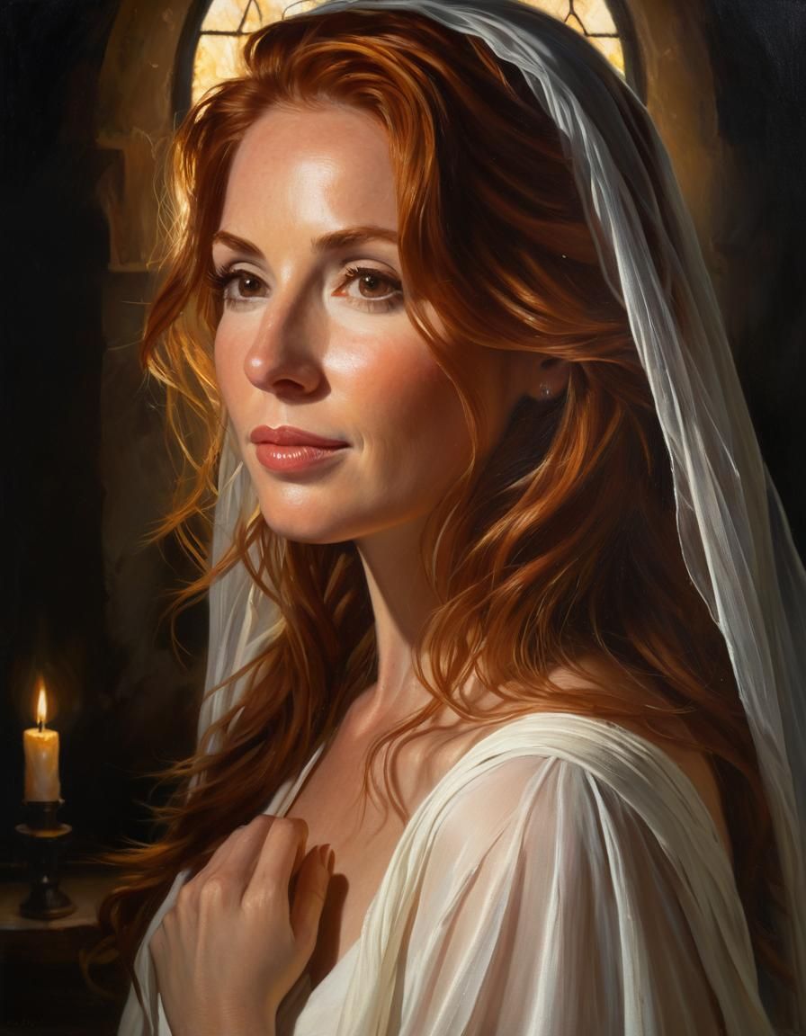 Auburn-Haired Woman in Chapel: Chiaroscuro Oil Portrait