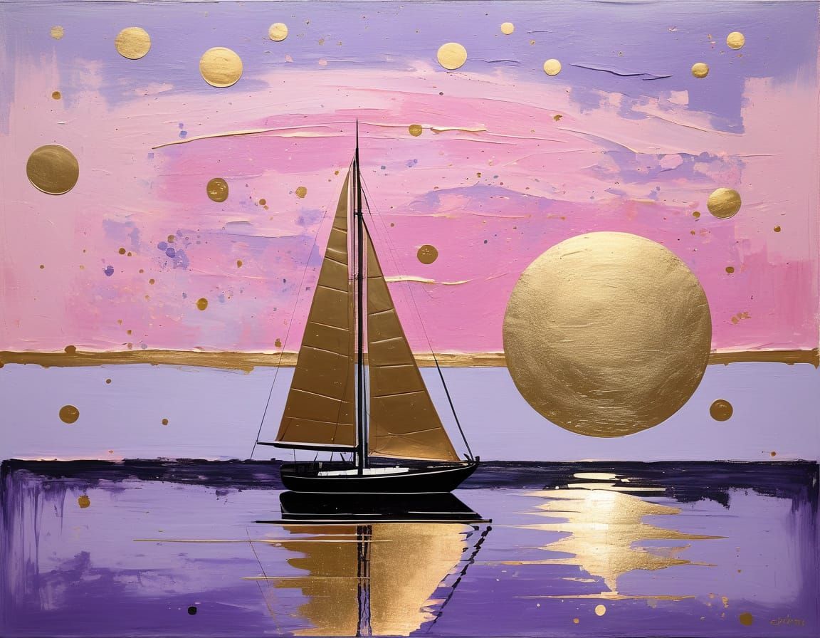 Surreal Pink Sailboat Abstract in Gold and Lilac