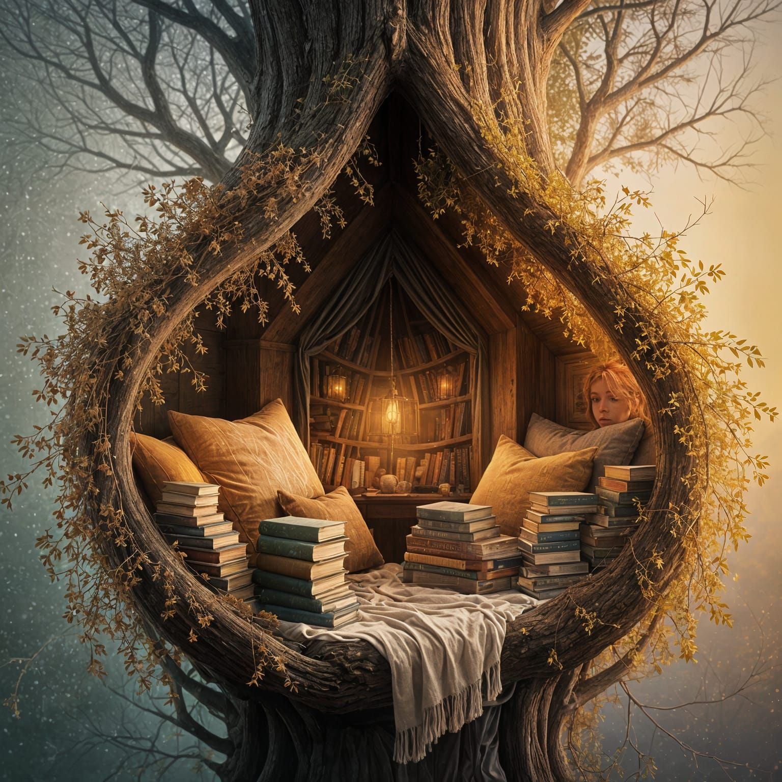Cozy Treehouse Reading Nook: Impressionistic Painting