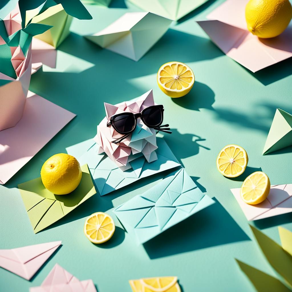 Cat with Lemonade in Whimsical Papercraft Style