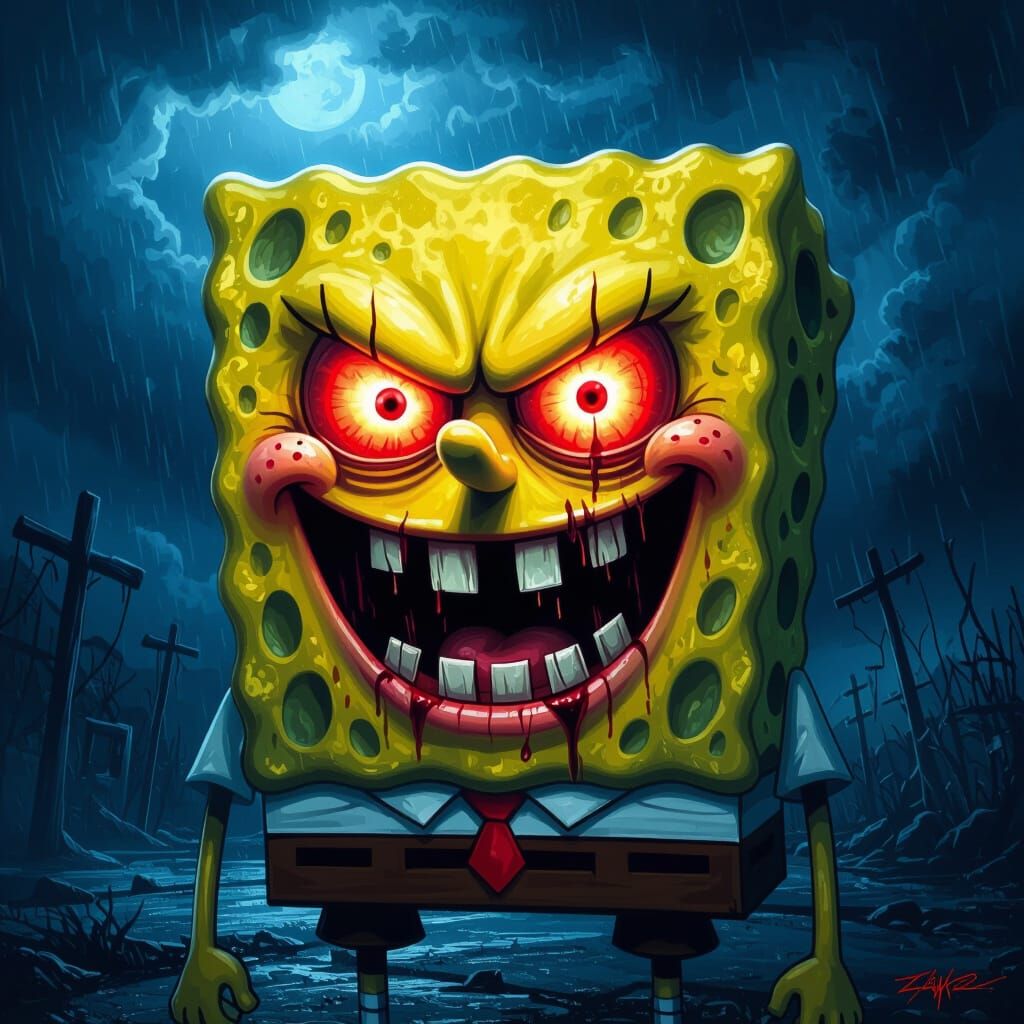 Menacing SpongeBob with Red Eyes in Surreal Horror Style
