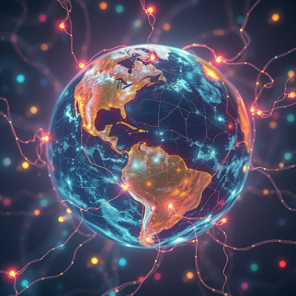 Surreal Earth Enveloped in Iridescent Fibers and Glowing Mem...