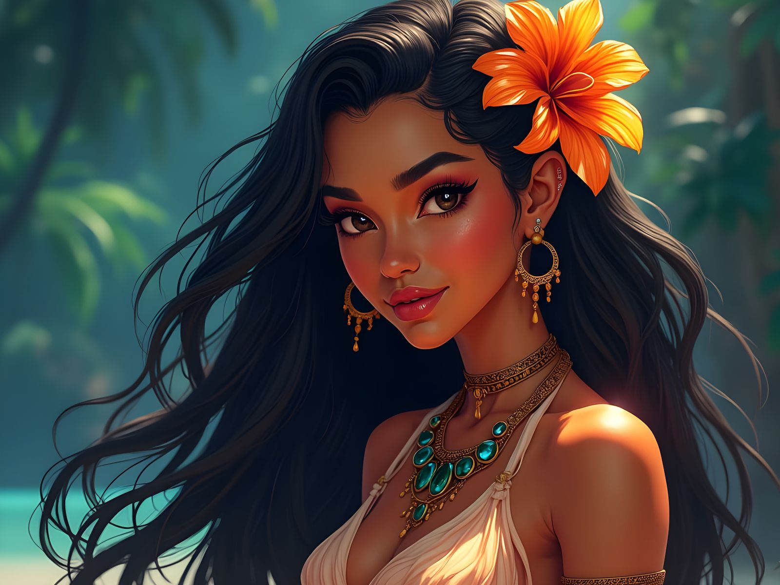 Hawaiian Goddess Kaia Portrait in Cartoon Style
