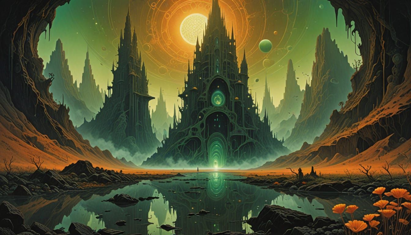 Alien Cityscape in Distant Planetary Landscape