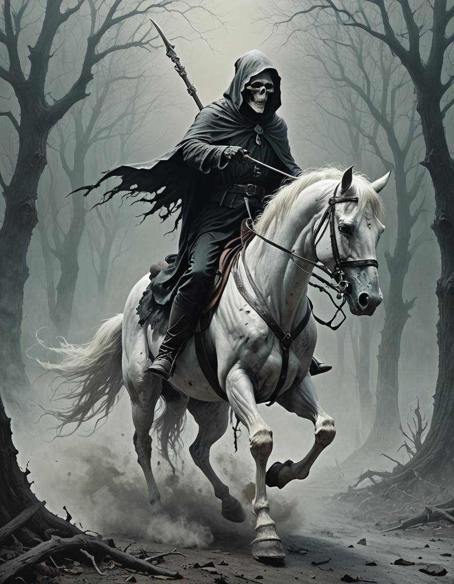 Grim Reaper Rides Pale Horse in Gothic Horror
