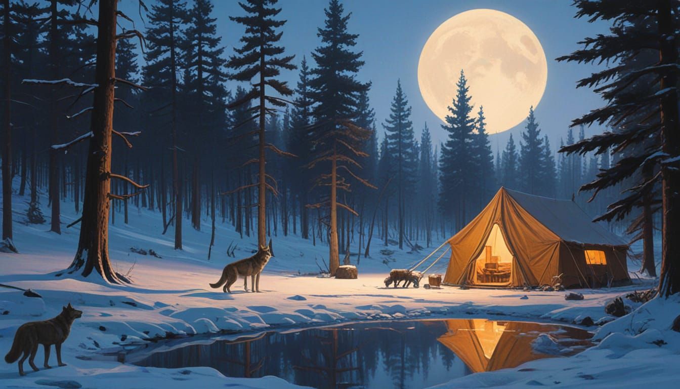 Moonlit Winter Wonderland with Wolves and Cozy Tent