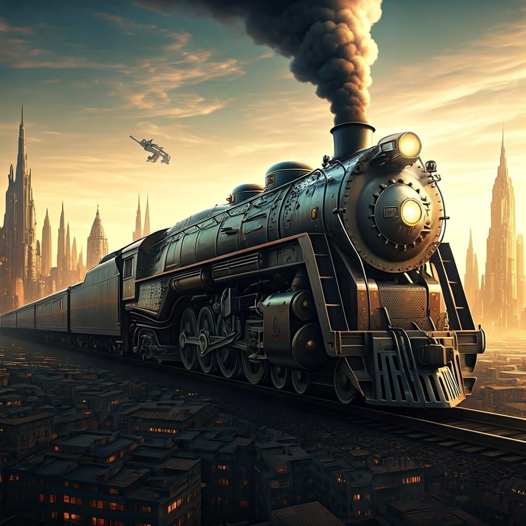 Steampunk Mega Train Cityscape in Vibrant, Iridescent Light