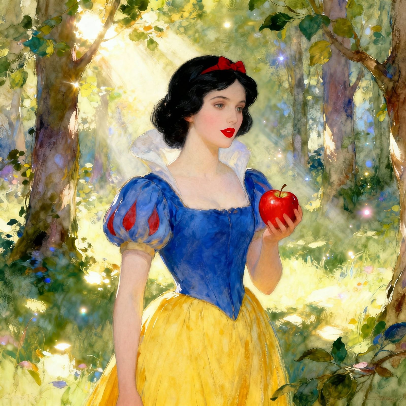 Fairytale Illustration of Woman in Forest Holding Apple