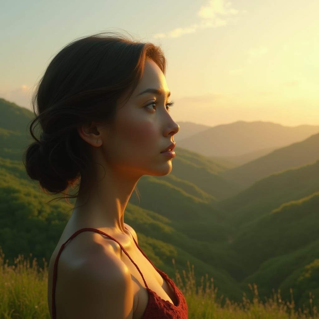 Woman Gazing at Golden Hour Countryside in Concept Art Style