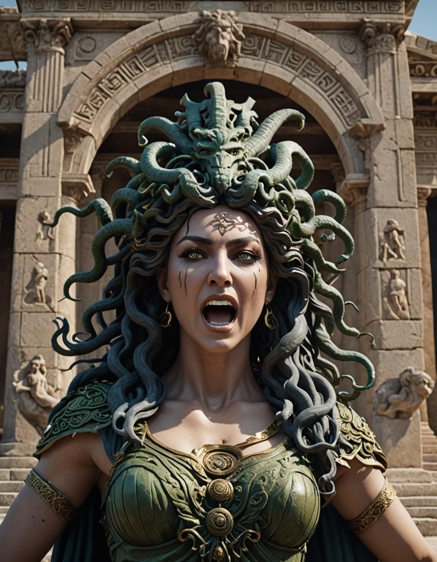 Medusa Shrieking Outside Ancient Greek Temple