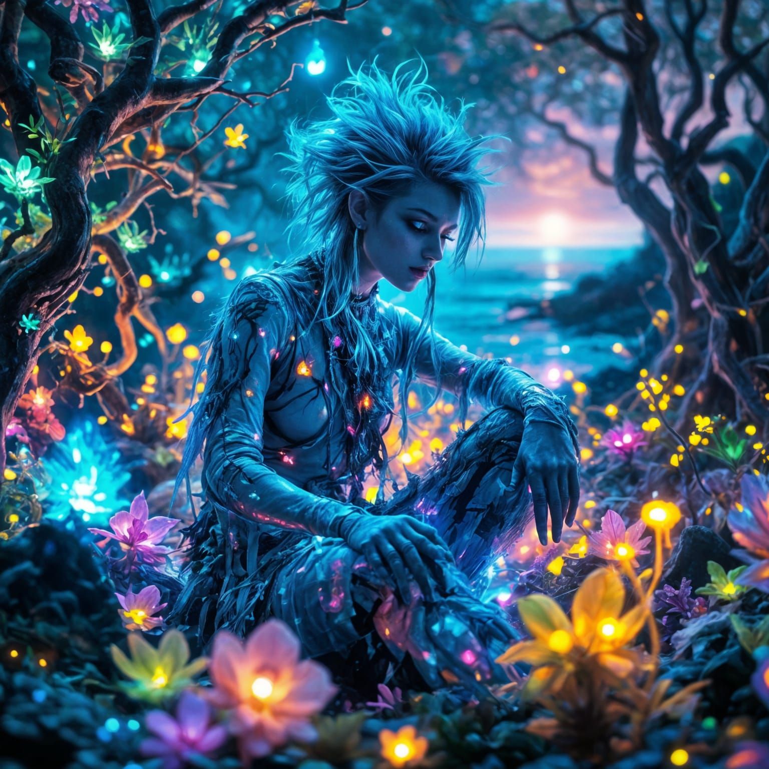 Surreal Punk Creature in Glowing Forest Night
