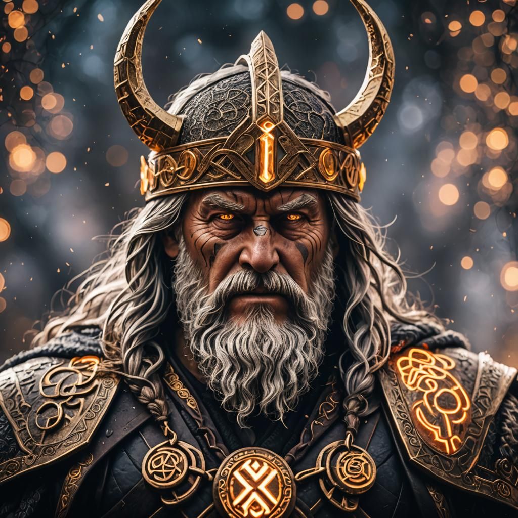 Odin, Norse God-King Covered in Glowing Runes