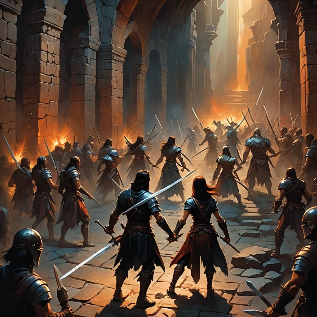 Sword Fight in Dim Arena, Frank Frazetta Style