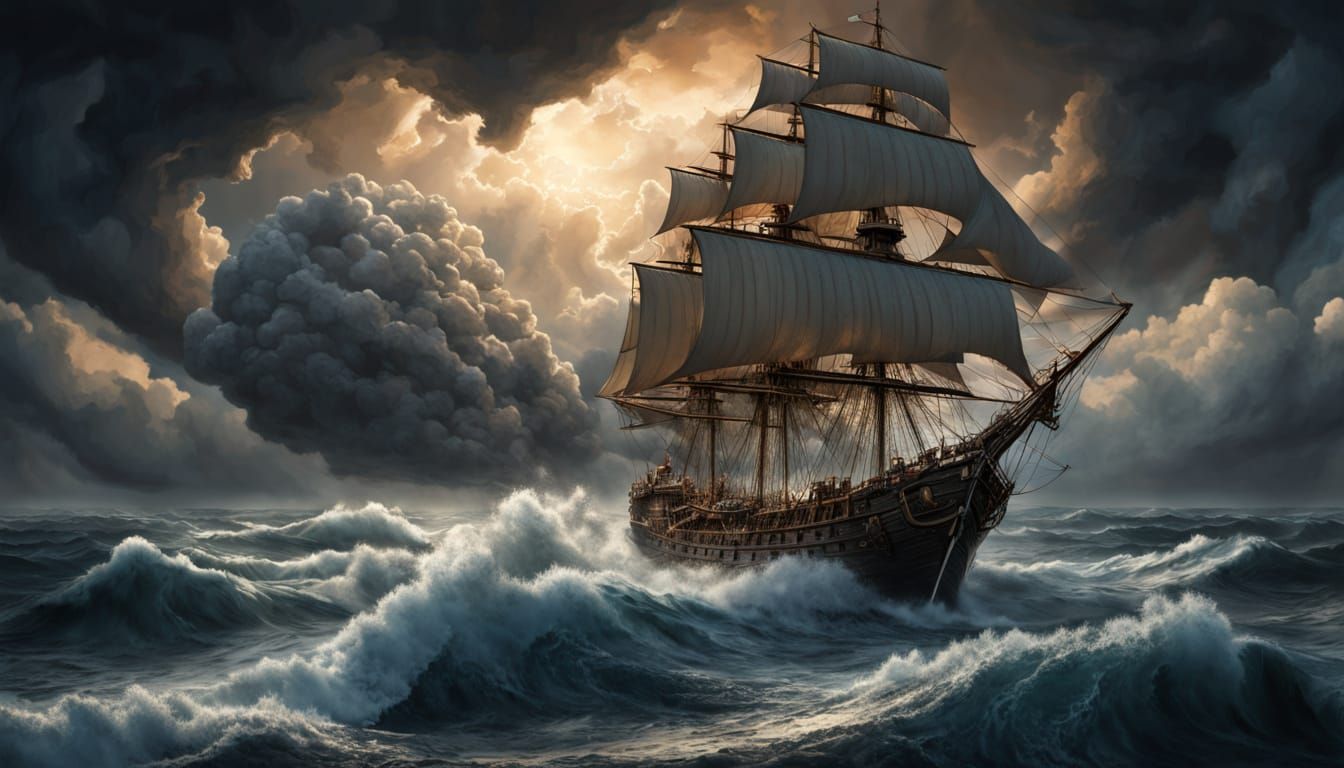 Epic Ship on Tempestuous Sea Digital Matte Painting