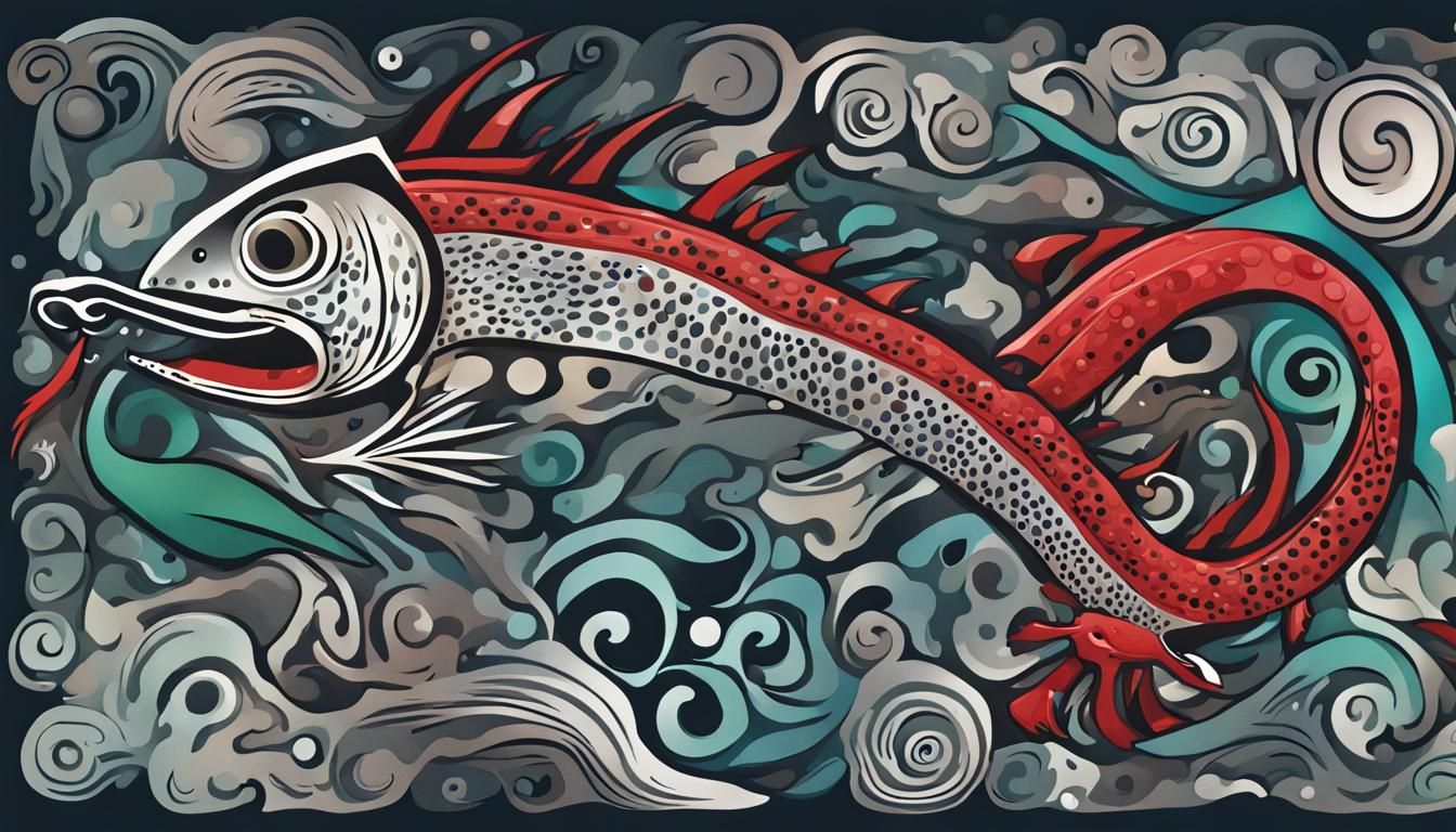 Cartoon Dragon-Fish in Abstract Ocean