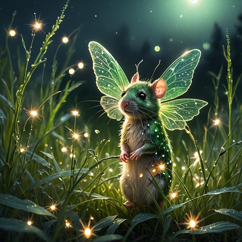 Glowing Fairy Mouse in Meadow, Macro Photography