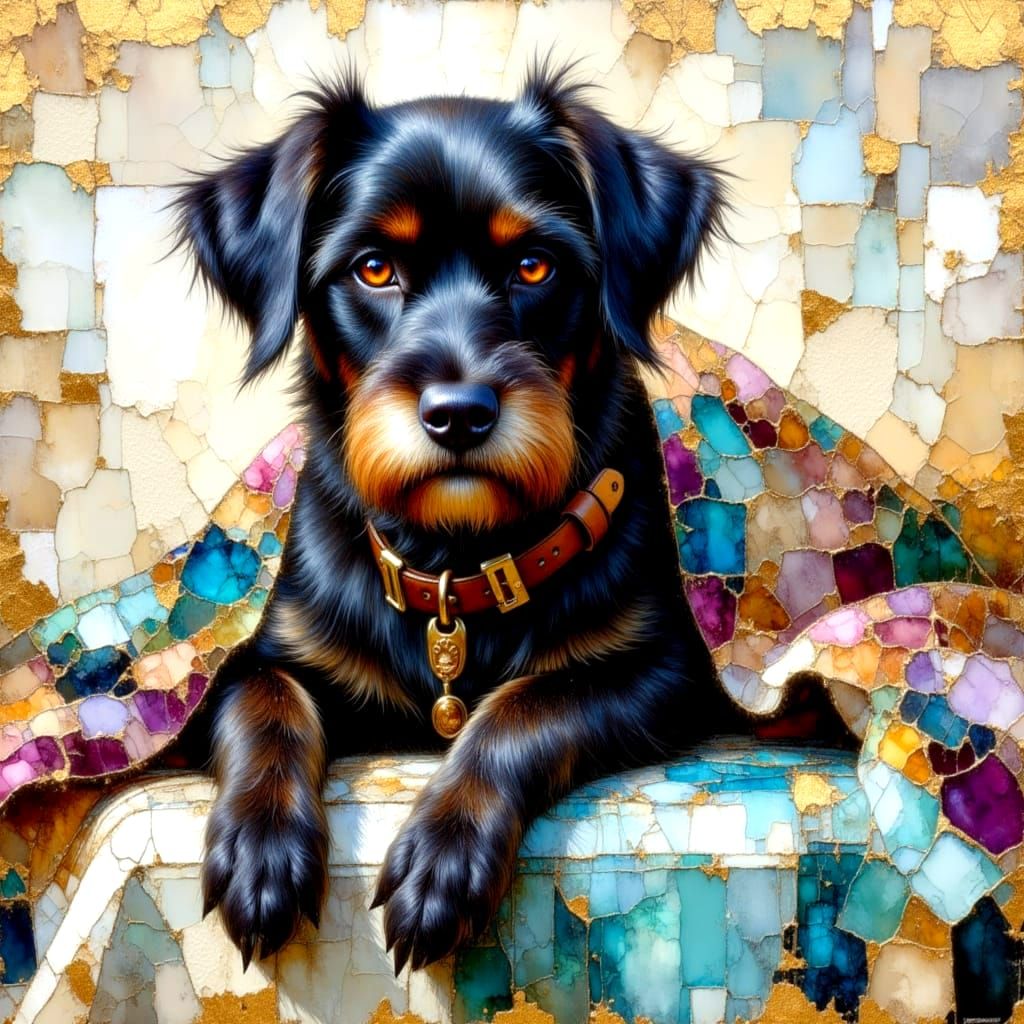 Surreal Oil Painting of a Scruffy Black Dog in a Dreamy Patc...