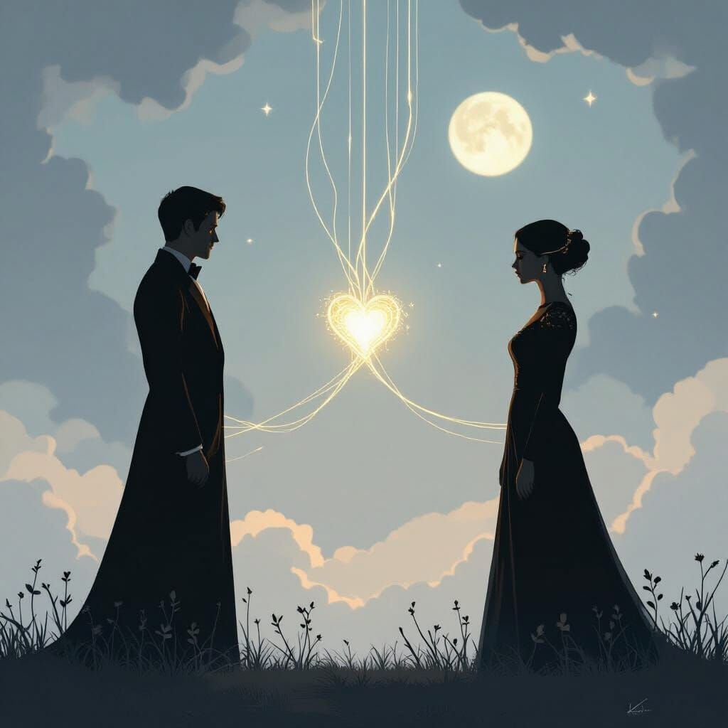 Two Silhouettes Connected by Golden Thread in Ethereal Atmos...