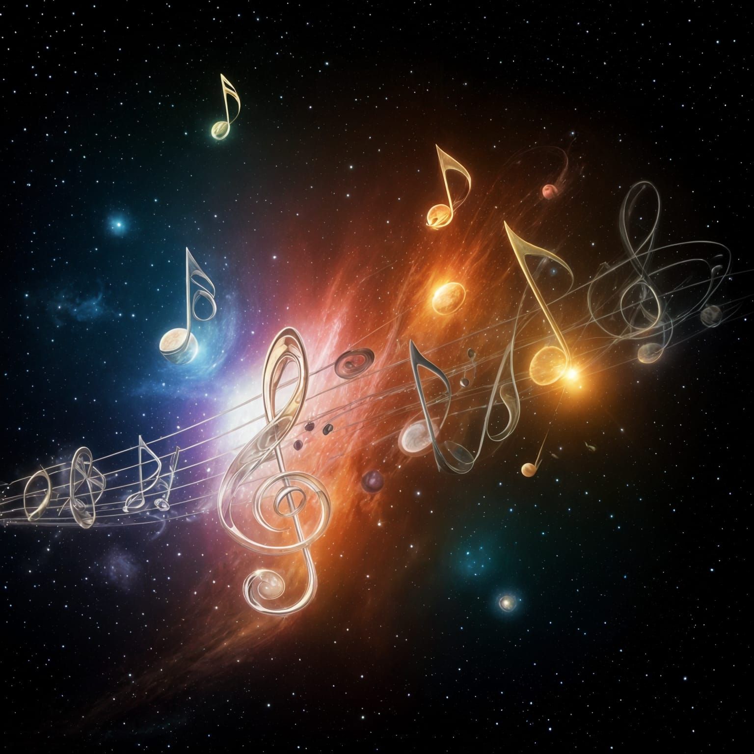 Musical Notes Float in Space with Planets