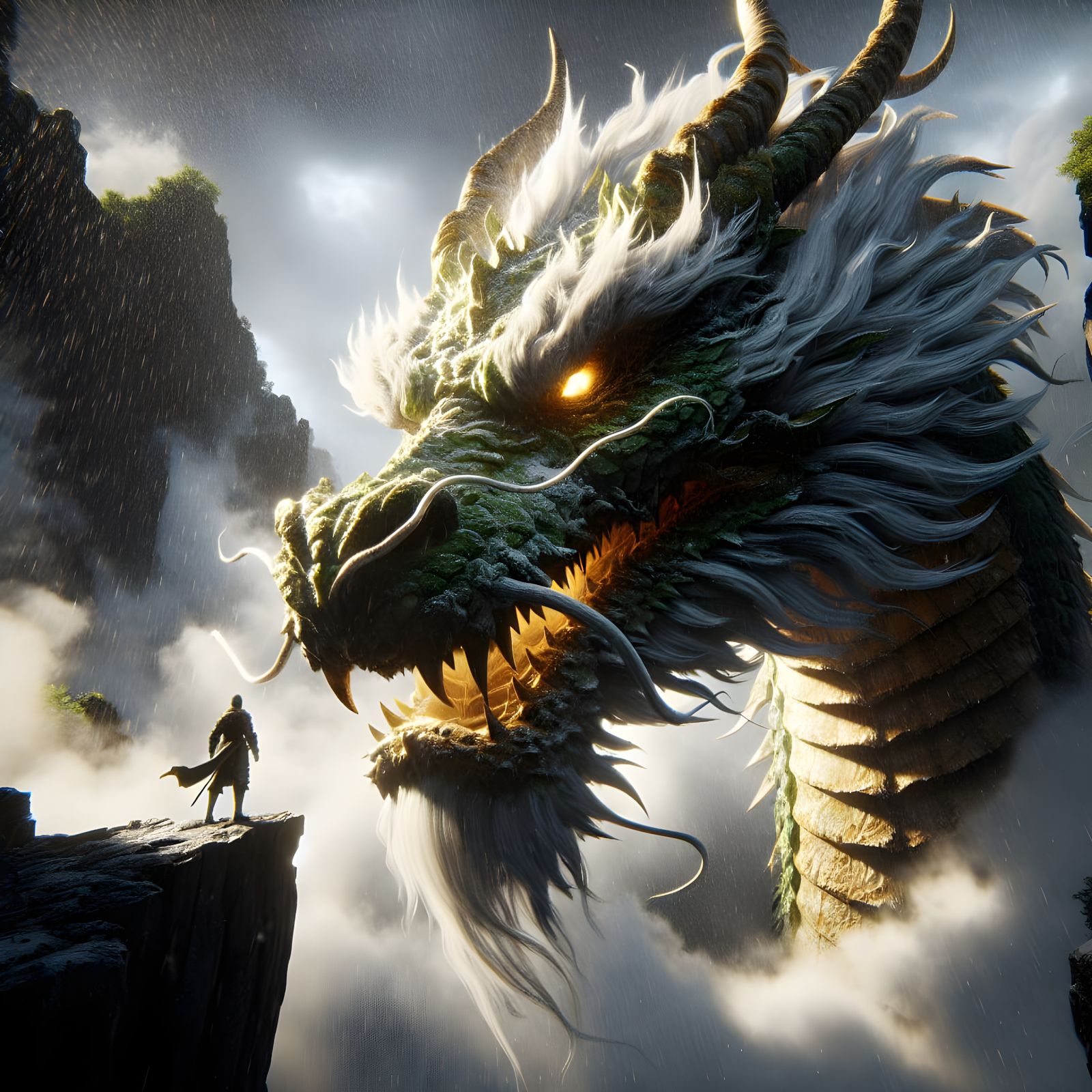 Majestic White Dragon Confronts Defiant Knight in Tempestuou...