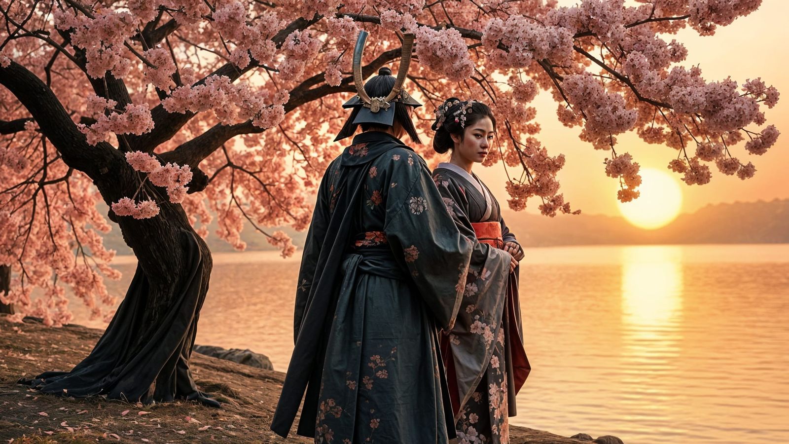 Samurai and Geisha by Lake with Cherry Blossoms