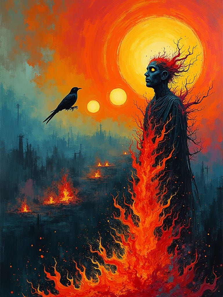 Surreal Portrait: Bird, Man in Flames, Thangka Art