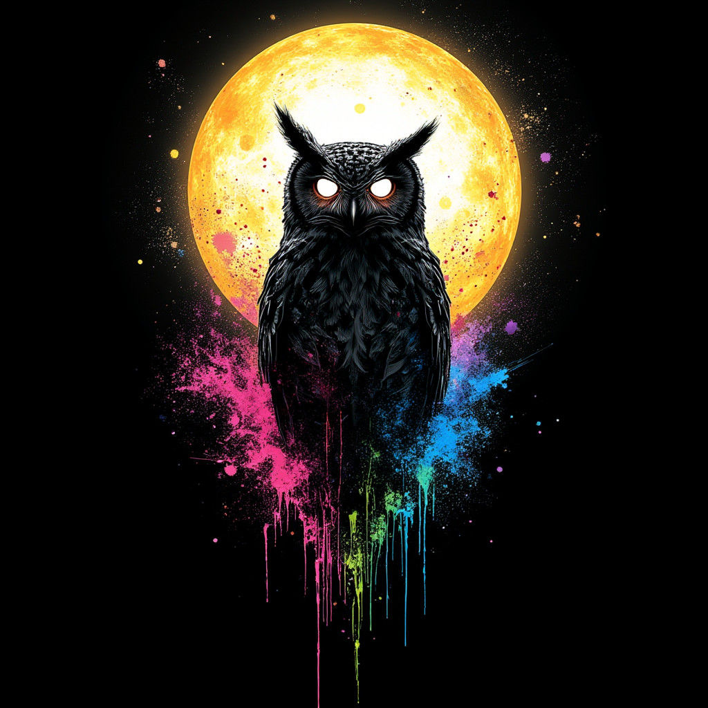 Dramatic Owl Silhouette with Neon Splashes, Murciano Style