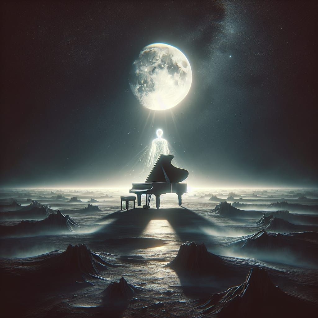 Surreal Moonlit Piano with Ethereal Figure