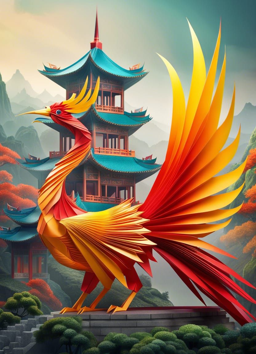Giant Origami Phoenix Around Chinese Castle