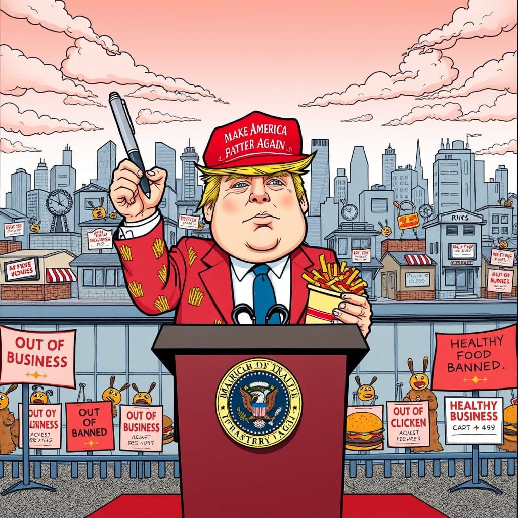 Cartoonish Trump Triumphs Over Healthy Food in Humorous Exag...