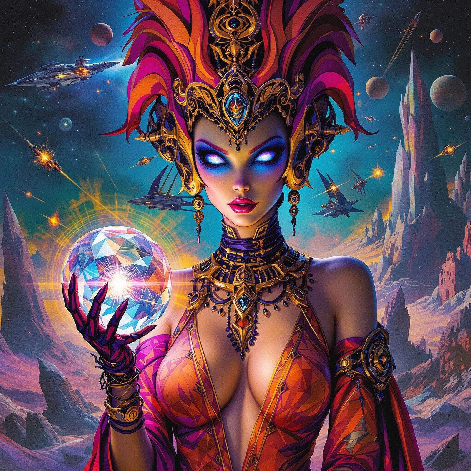Alien Empress with Crystal Orb, Pulp Sci-Fi Painting