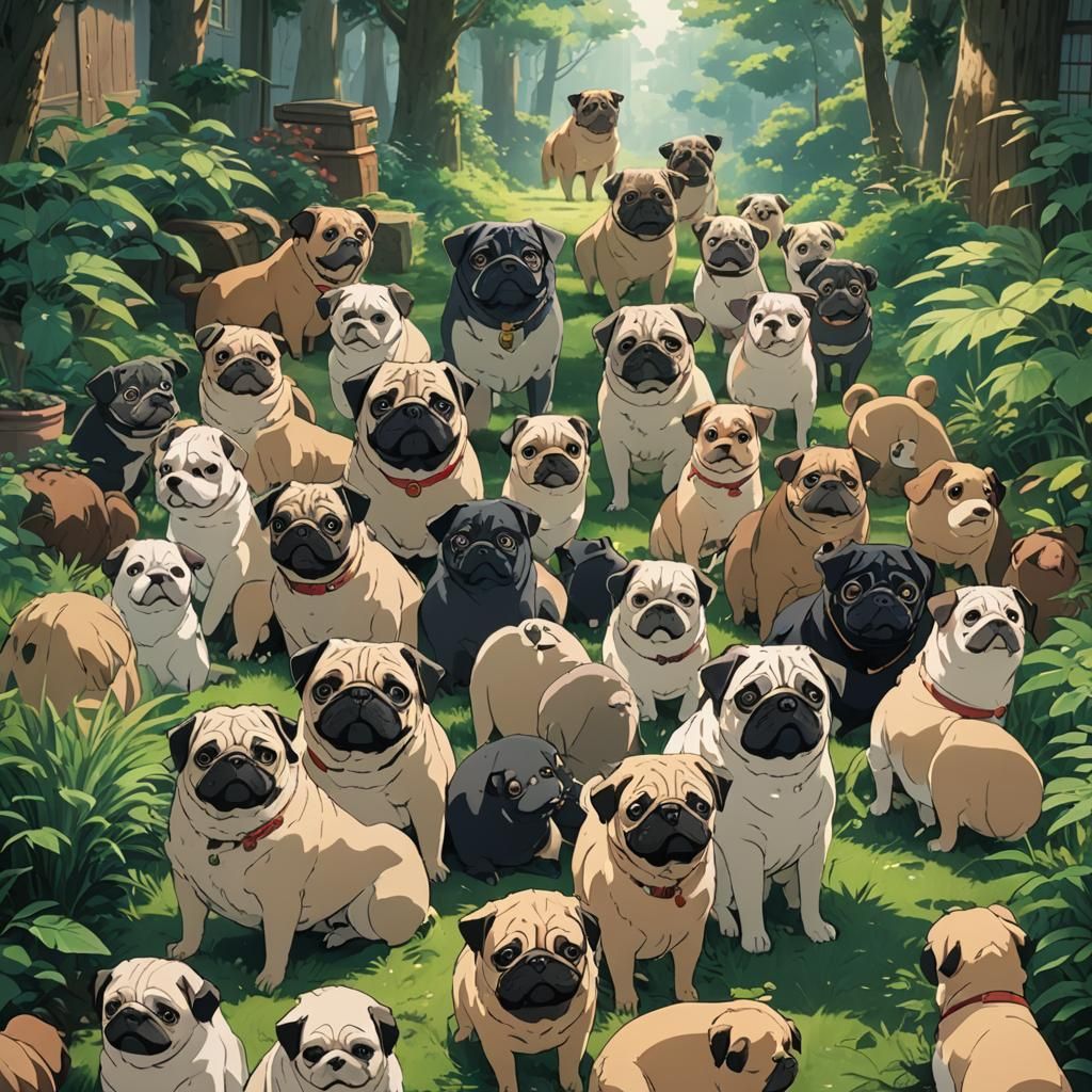 Pugs in Studio Ghibli Anime Style