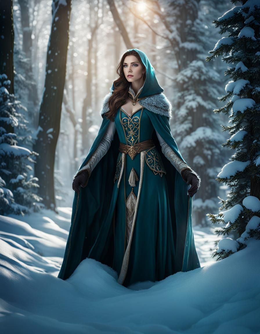 Elegant Elven Maiden in Winter Forest, Fantasy Art