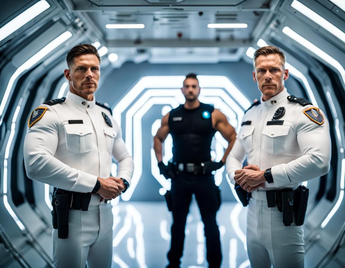 Muscular Officers in White Spaceship: Space Odyssey